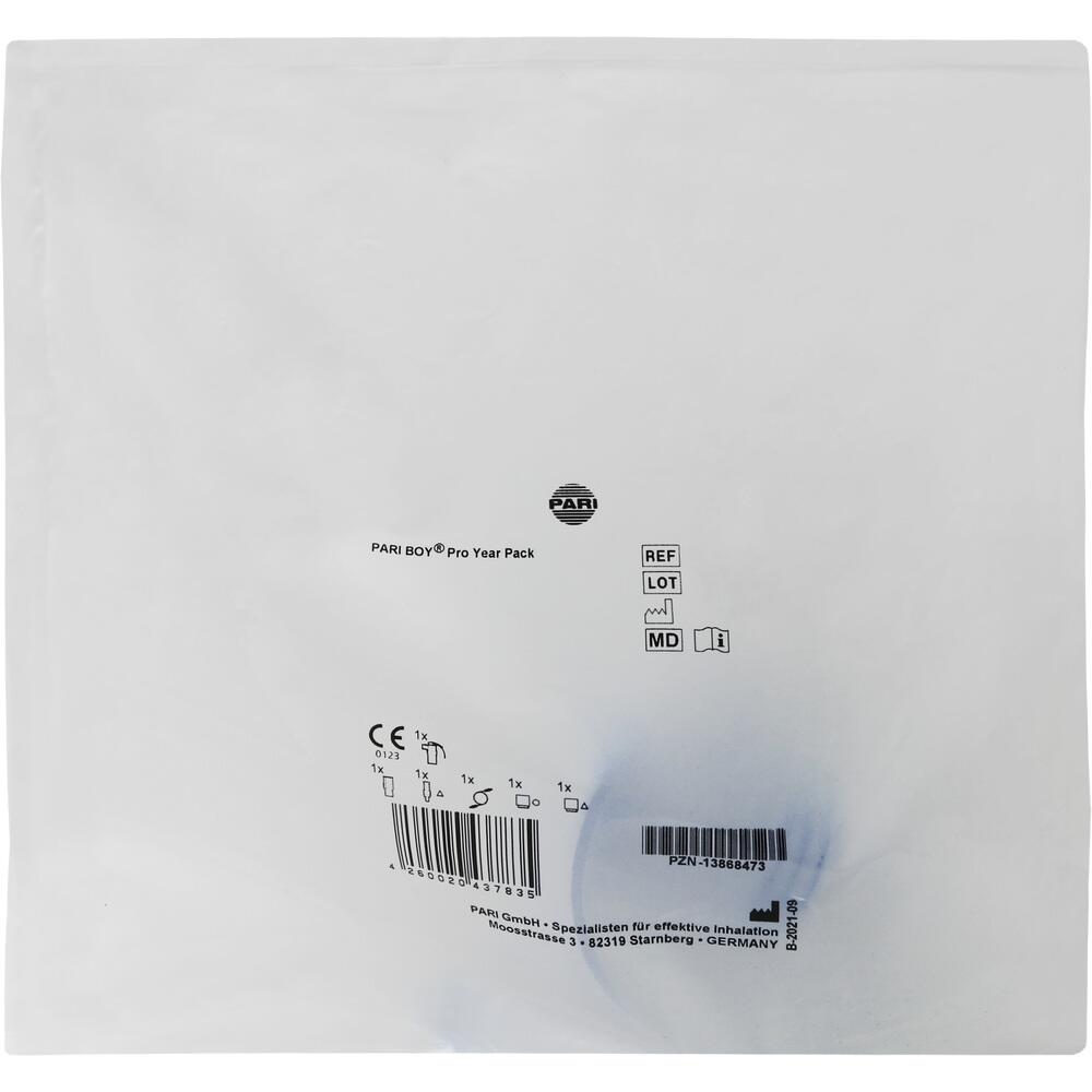 Weiße Verpackung von PARI BOY Pro Year Pack mit Aufdrucken und Barcode.