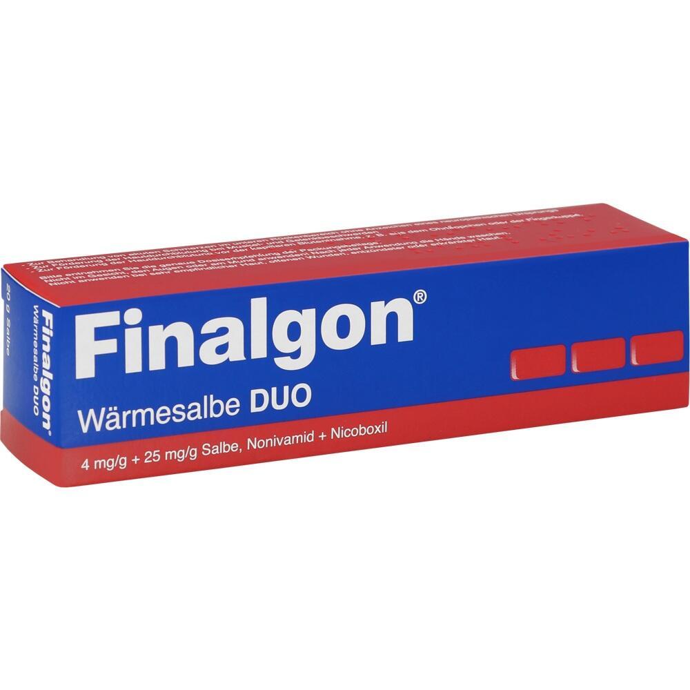 Eine rote und blaue Verpackung der Wärmesalbe Finalgon DUO.