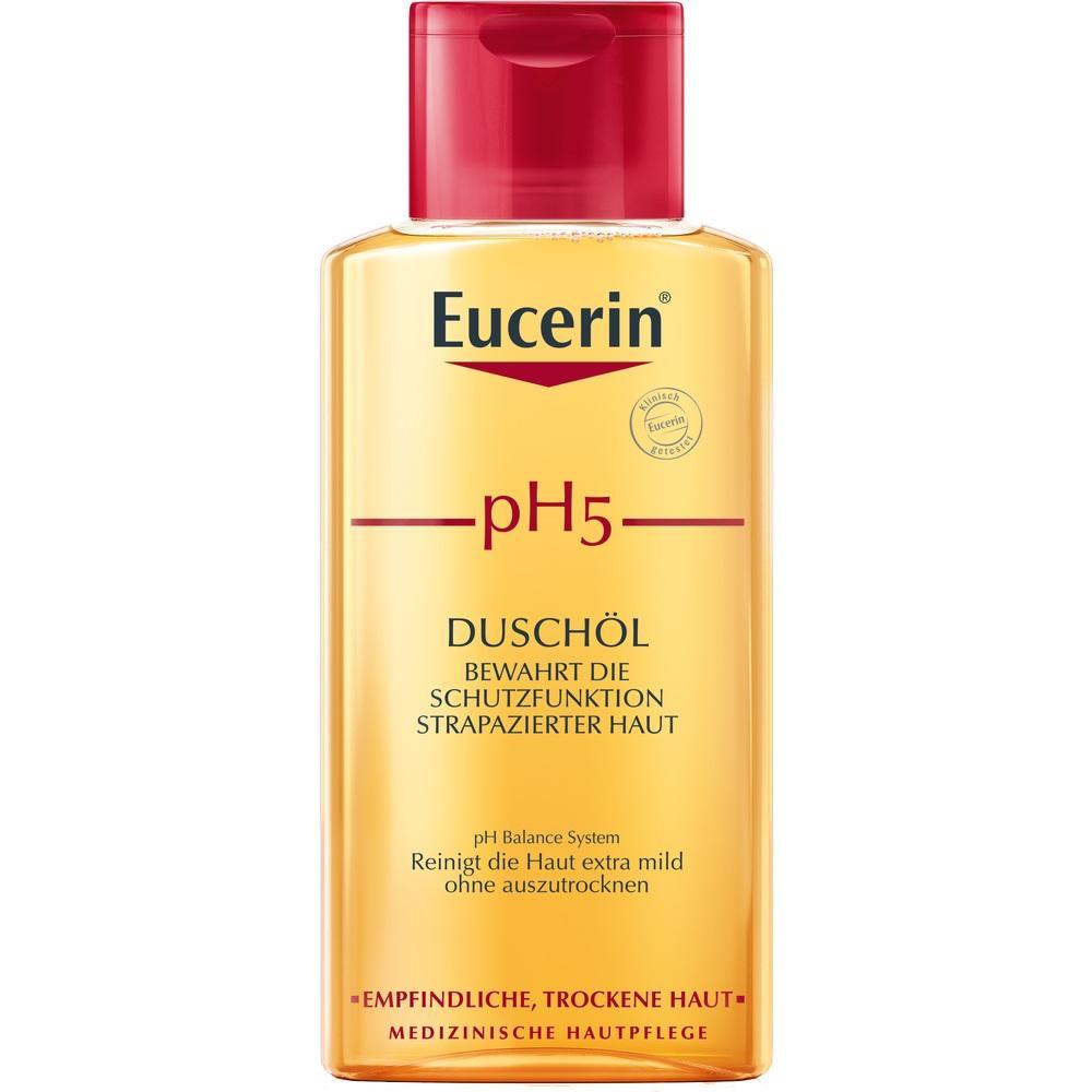 Eine gelbe Flasche Eucerin pH5 Duschöl für empfindliche, trockene Haut.