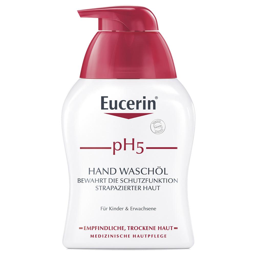 Weiße Flasche mit rotem Spender von Eucerin pH5 Handwaschöl.