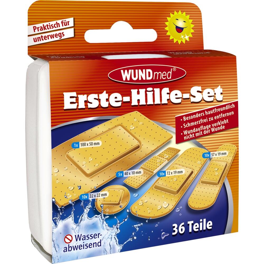 Eine orange Packung mit verschiedenen Pflastern für Erste Hilfe.
