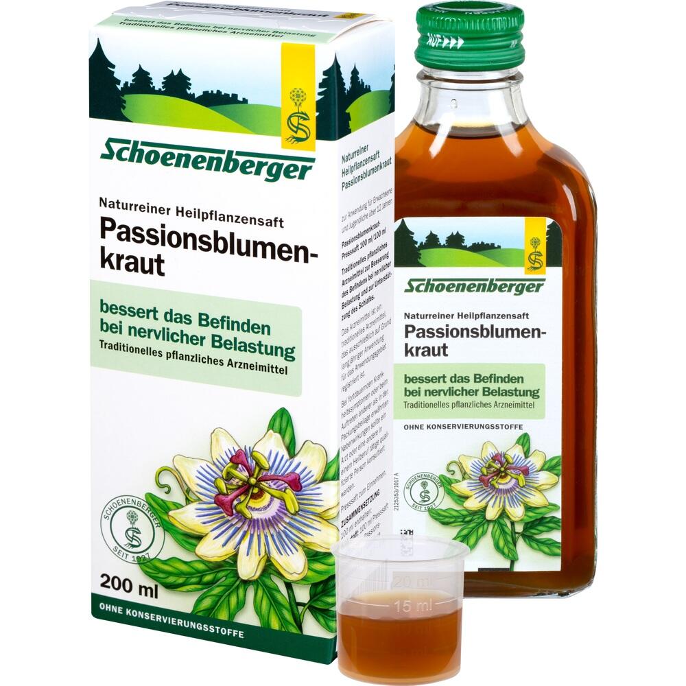 Packung und Flasche Passionsblumenkraut-Saft von Schoenenberger.