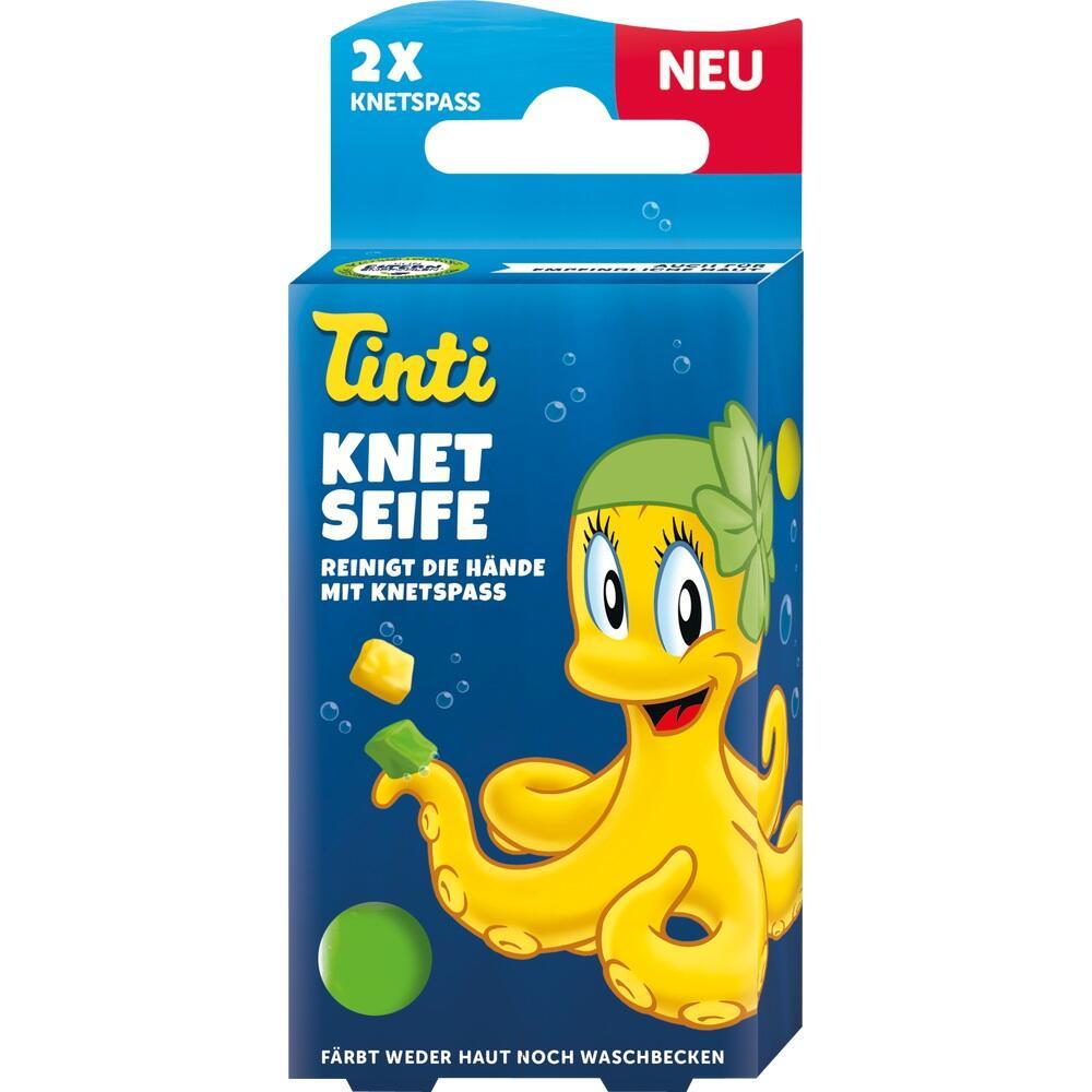 Ein gelber, fröhlicher Oktopus mit Knetseife auf einer blauen Verpackung.