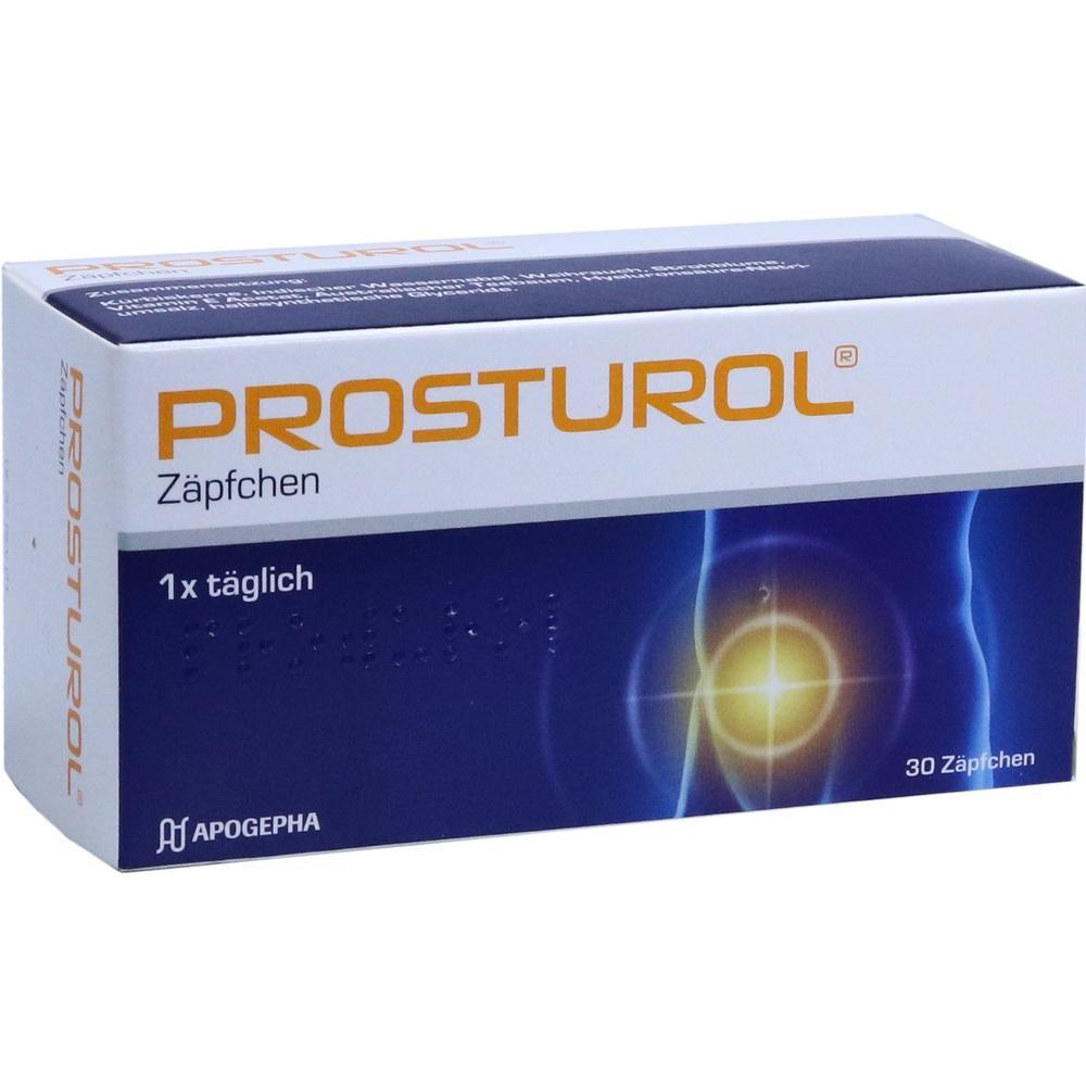 Eine Packung mit Prosturol-Zäpfchen, 30 Stück zum täglichen Gebrauch.