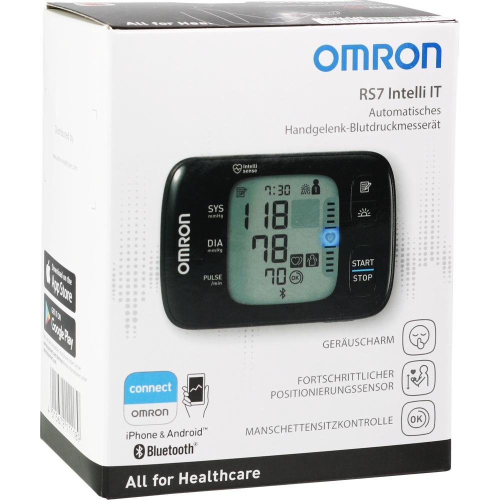 Weiße Verpackung eines automatischen Blutdruckmessgeräts von Omron mit Bluetooth-Funktion.