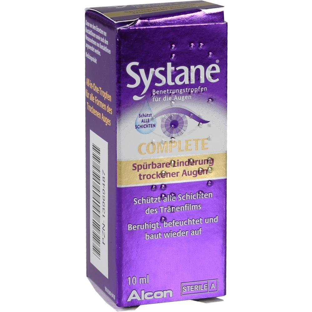 Lila Verpackung einer Augentropfen-Marke für trockene Augen mit 10 ml Inhalt.