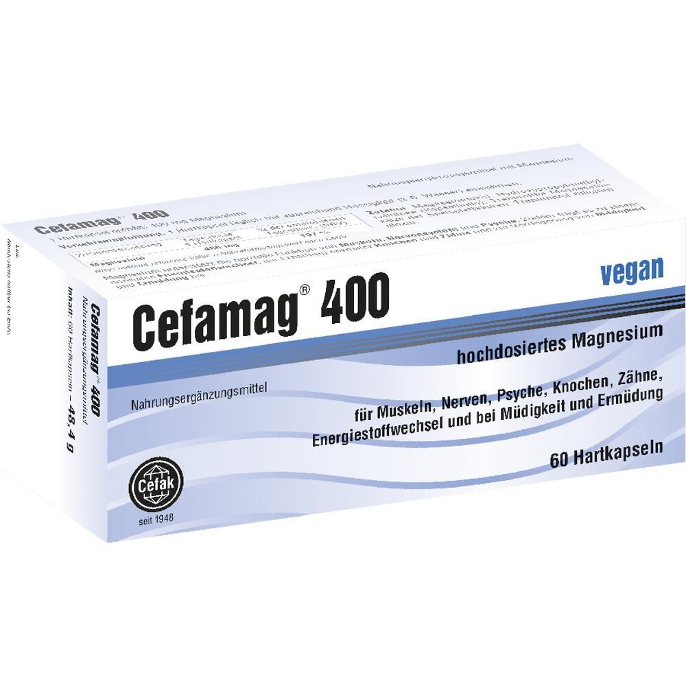 Schachtel mit Cefamag 400 Magnesium-Kapseln, vegan und hochdosiert.
