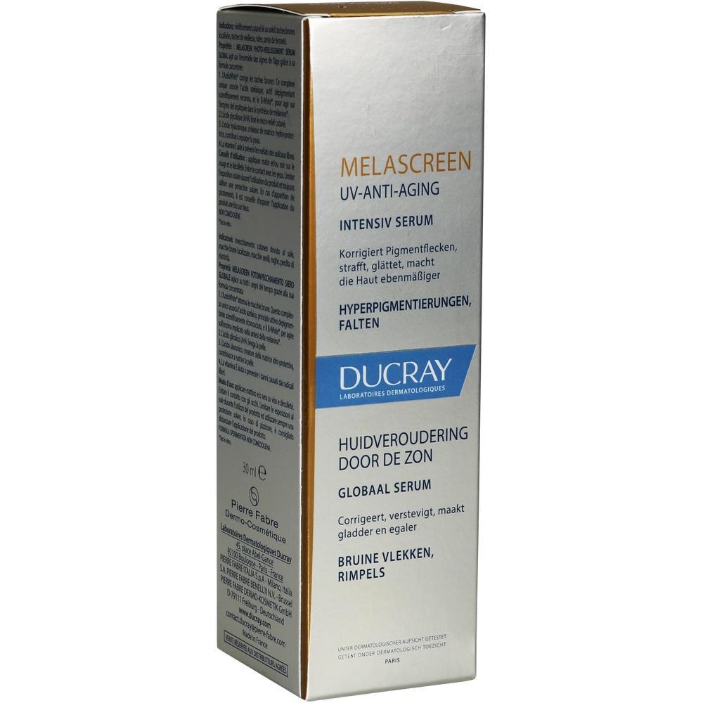 Eine Verpackung von Ducray Melascreen UV-Anti-Aging Intensiv Serum gegen Hautalterung.