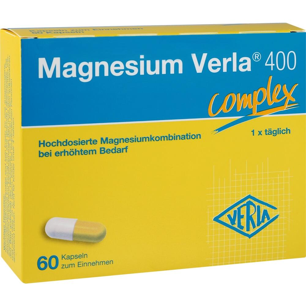 Gelbe Packung mit Magnesium-Kapseln, empfohlen bei hohem Bedarf, 60 Stück enthalten.