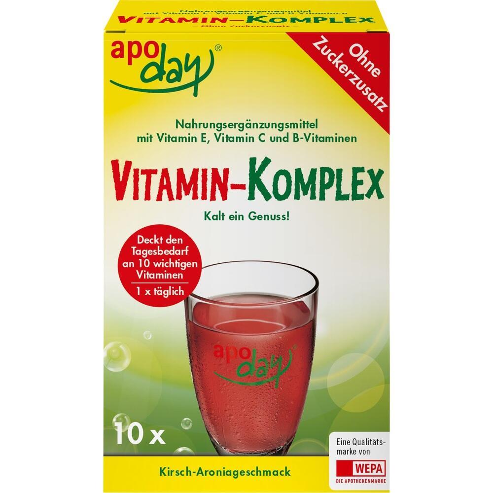 Gelbe Packung mit Kirsch-Aronia-Vitaminpulver ohne Zuckerzusatz.