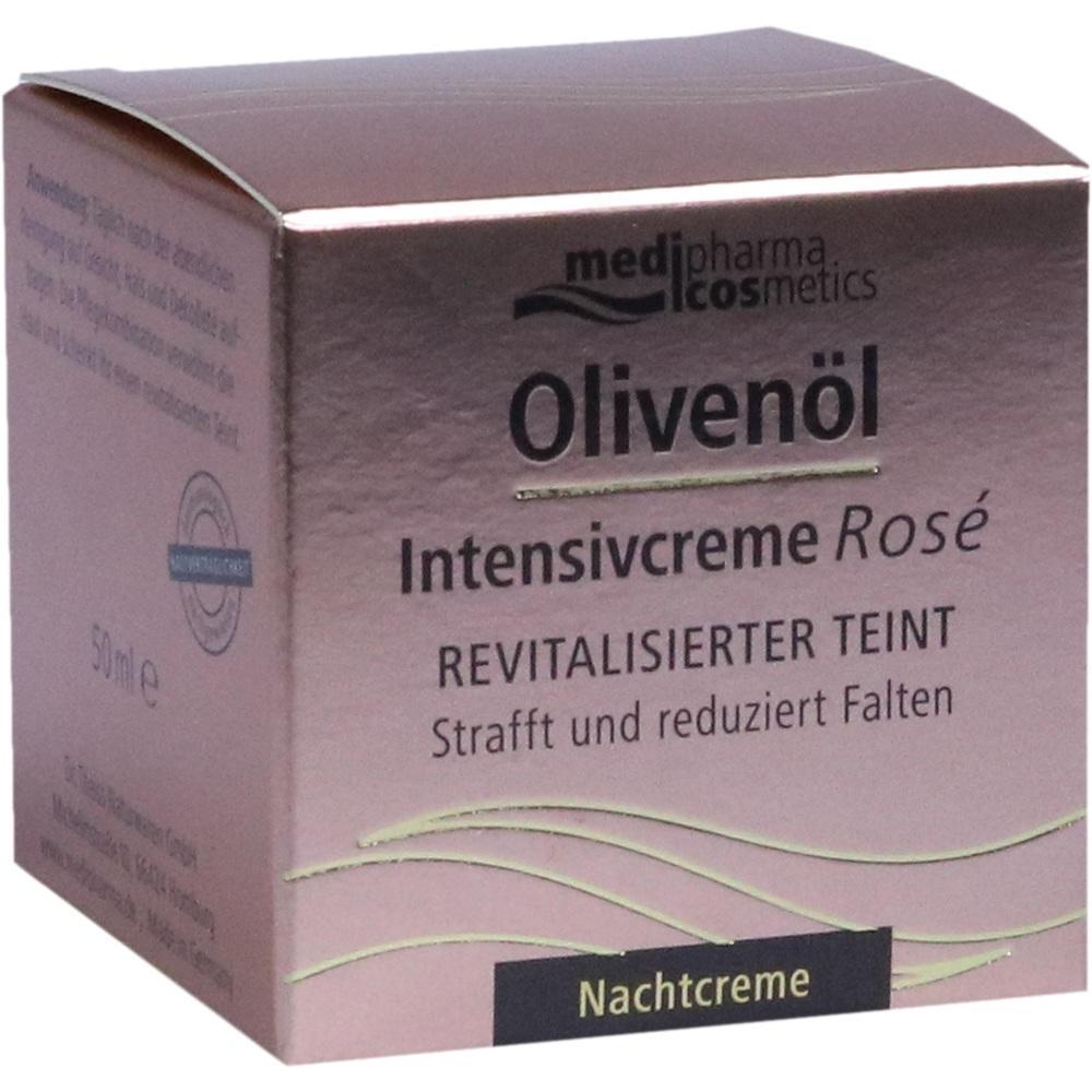 Rosafarbene Verpackung einer Olivenöl-Nachtcreme zur Straffung und Minderung von Falten.