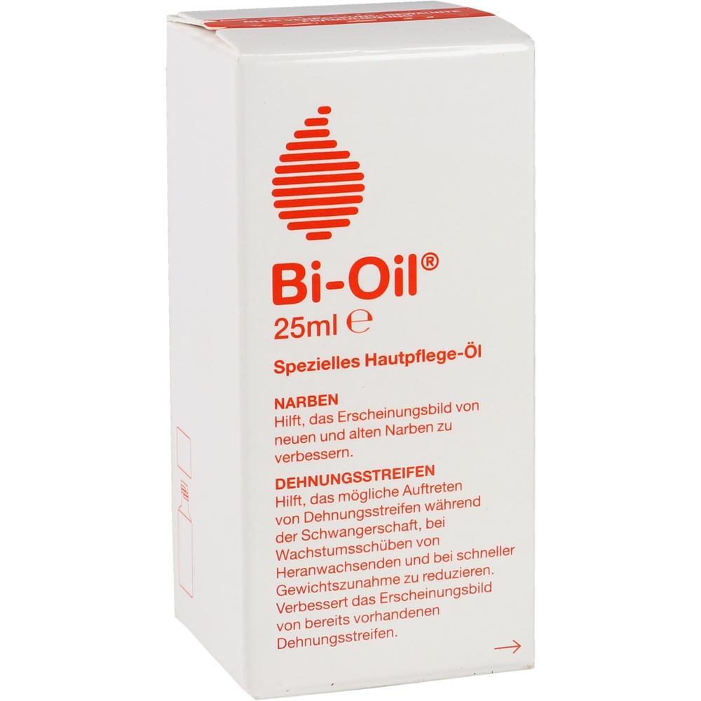 Eine weiße Packung Bi-Oil Hautpflege-Öl mit roter Schrift und 25ml Inhalt.
