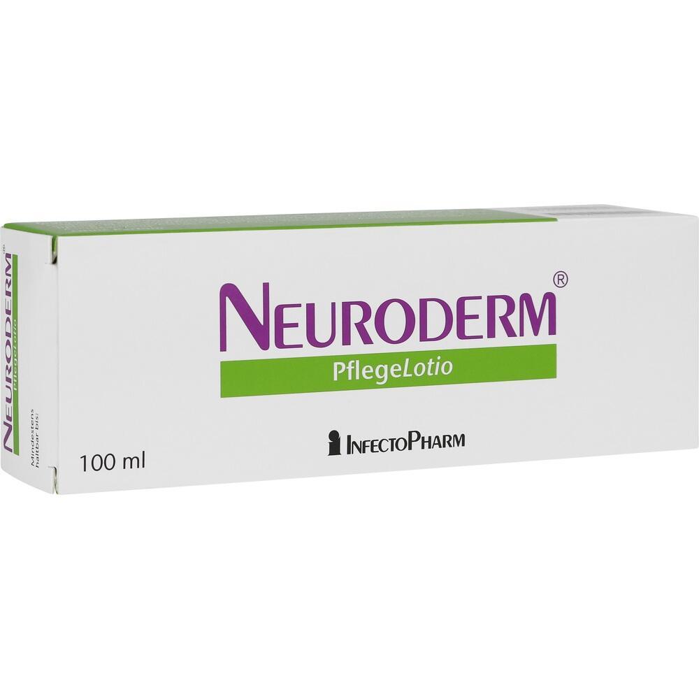 Weiße Verpackung von Neuroderm-Pflegelotion mit lila und grüner Schrift.