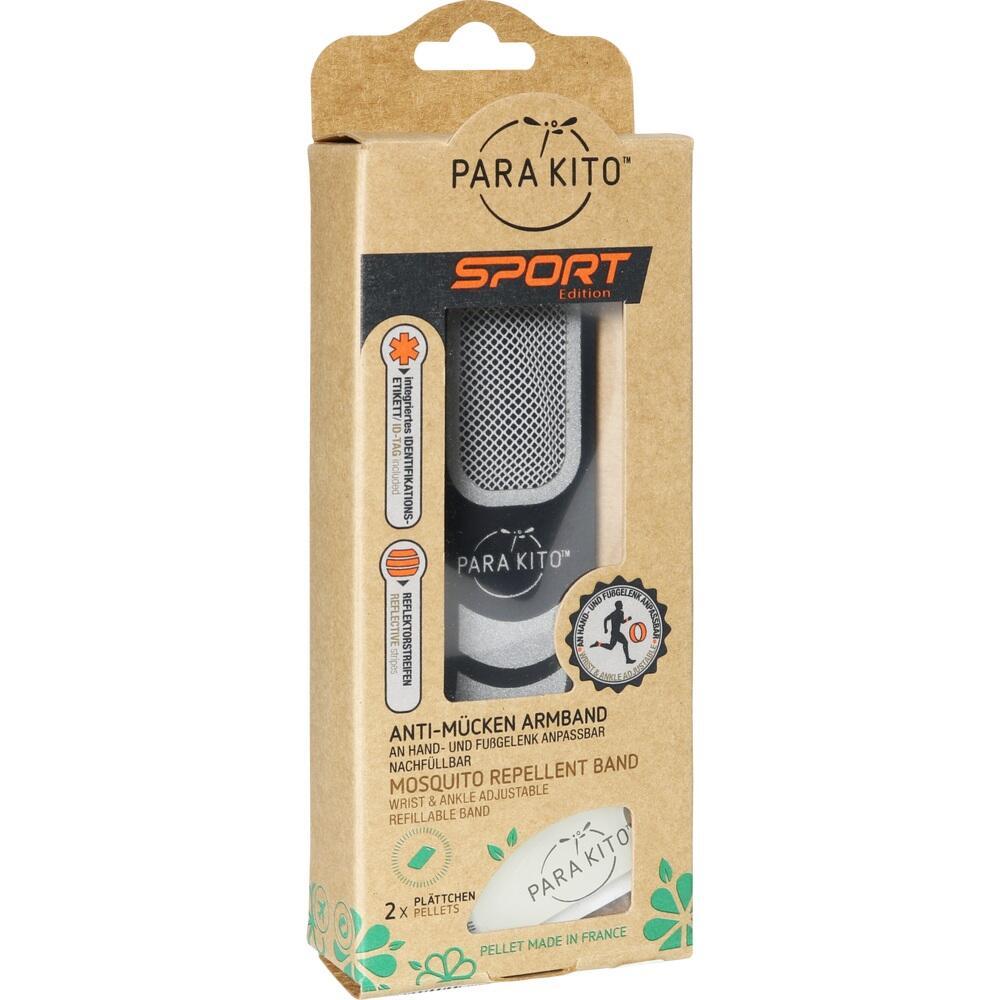Schwarzes Anti-Mücken-Armband in brauner Verpackung mit weißer und oranger Aufschrift.