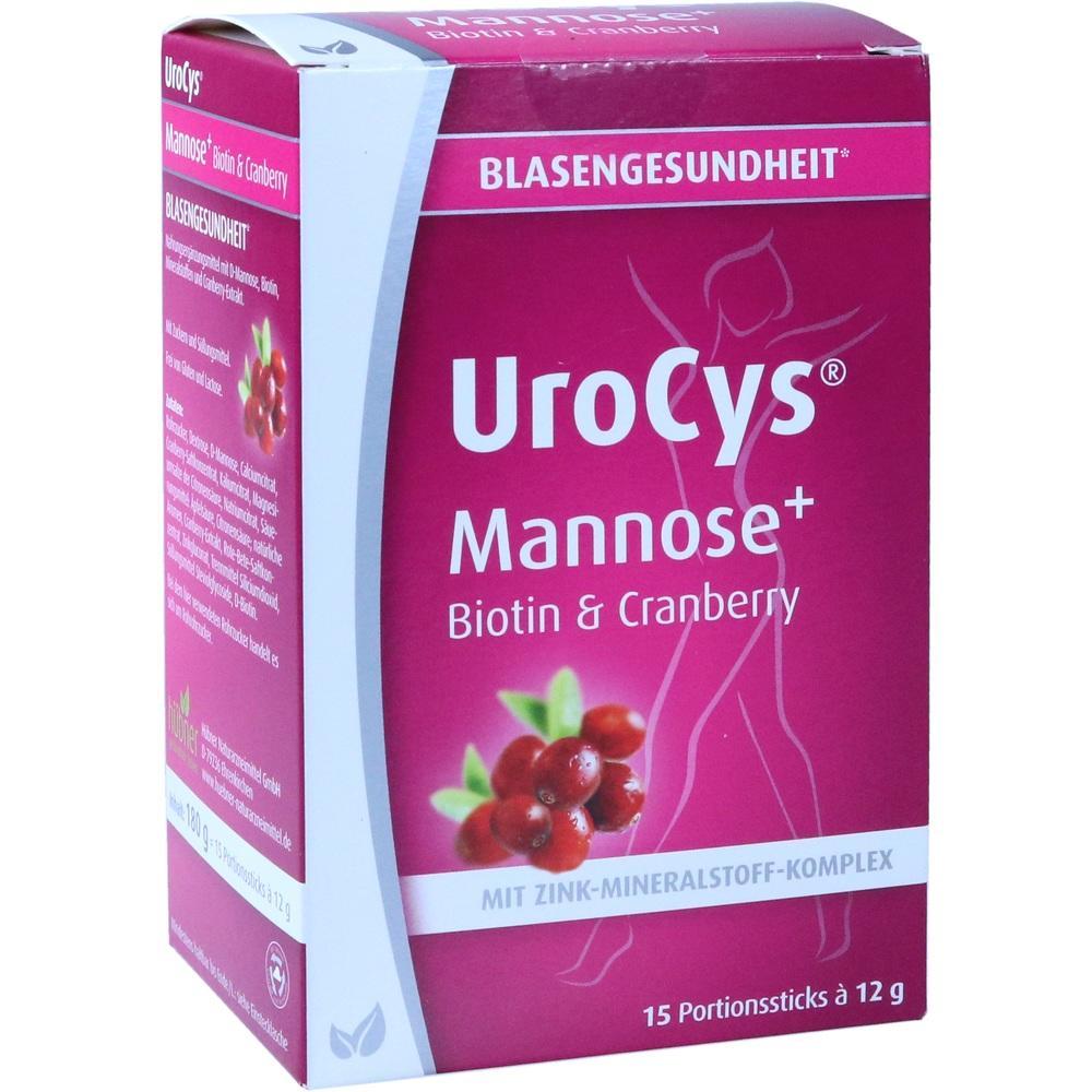 Rosa Verpackung von UroCys Mannose mit Biotin und Cranberry für die Blasengesundheit.