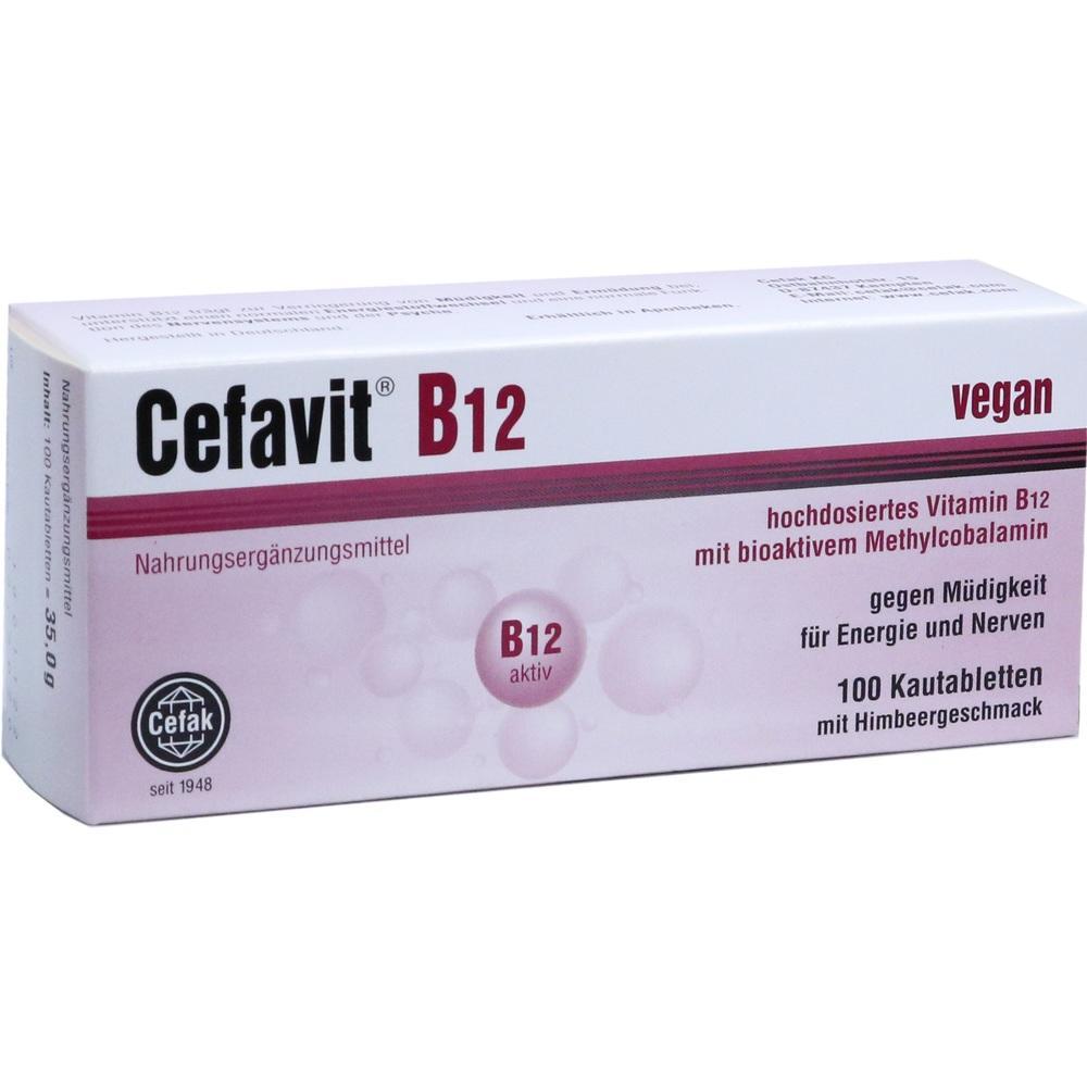 Eine Packung Cefavit B12 mit 100 Himbeerkautabletten.