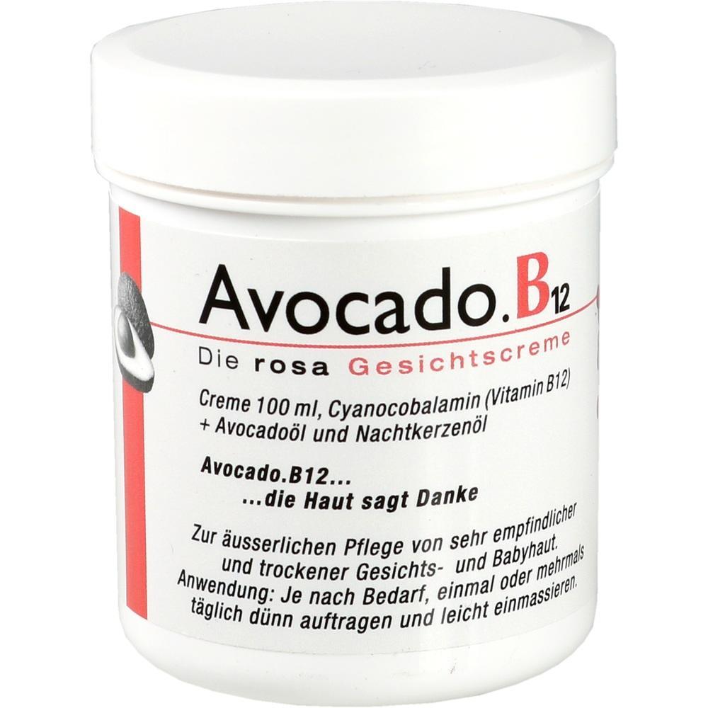 Eine weiße Dose mit Avocado B12 Gesichtscreme steht aufrecht.