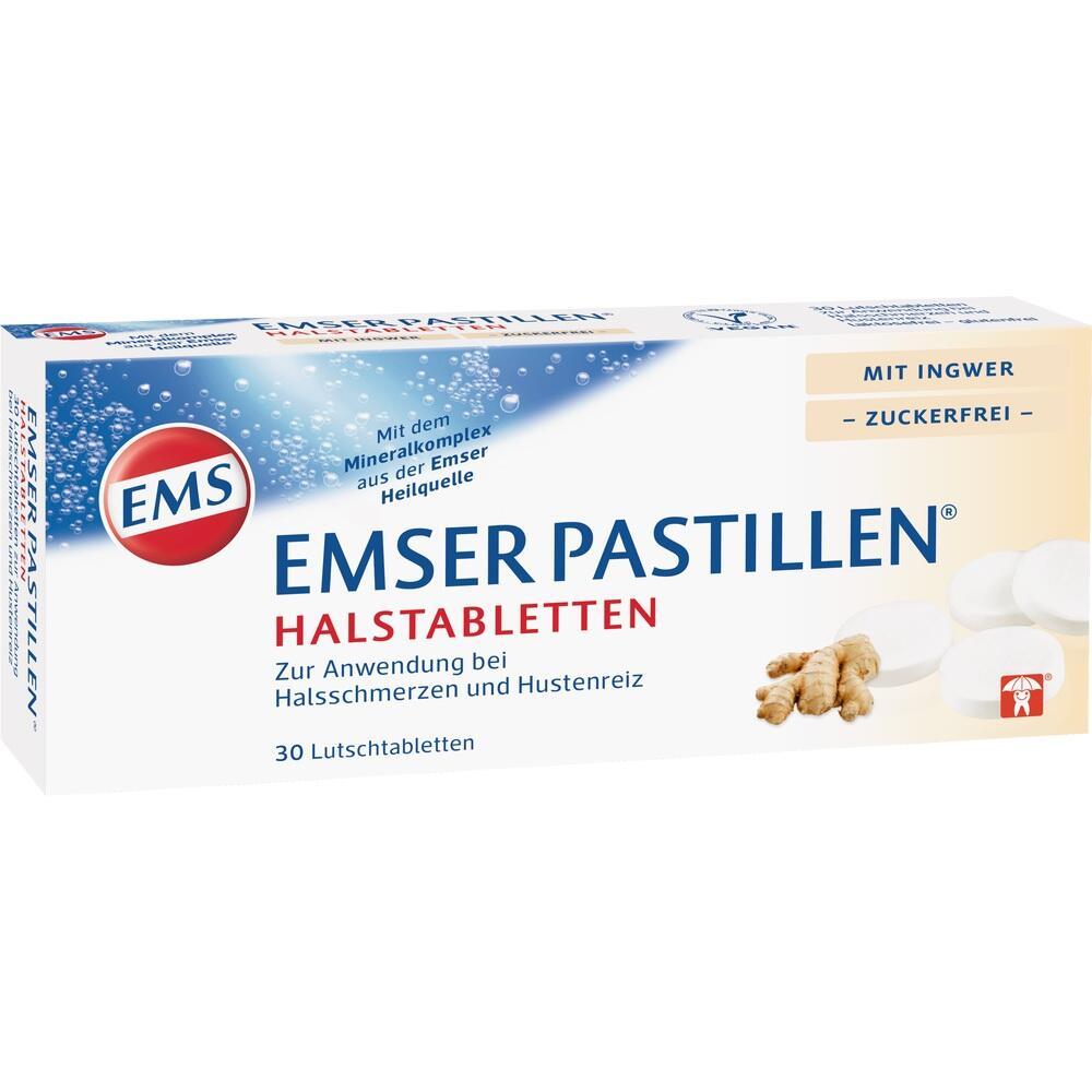 Verpackung von Emser Pastillen gegen Halsschmerzen und Hustenreiz.