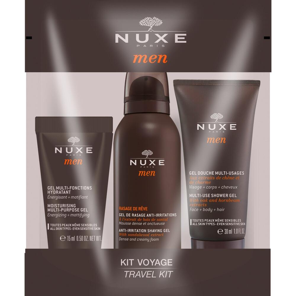Eine braune Packung mit Nuxe Men Pflegeprodukten für Reisen.