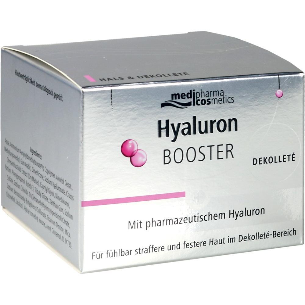 Silberne Verpackung mit der Aufschrift "Hyaluron Booster Dekolleté".