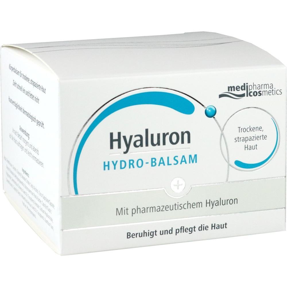 Eine weiße Box mit der Aufschrift "Hyaluron Hydro-Balsam" für trockene Haut.