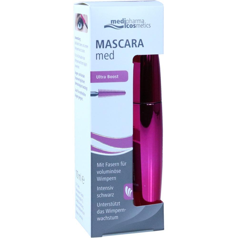 Rosa Mascara-Verpackung mit Aufschrift und Abbildung eines Mascarabürstchens.