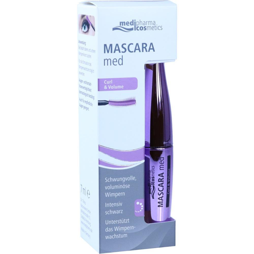 Lila Mascara-Verpackung mit Schriftzug "Mascara med" und einem Mascara-Fläschchen darin.