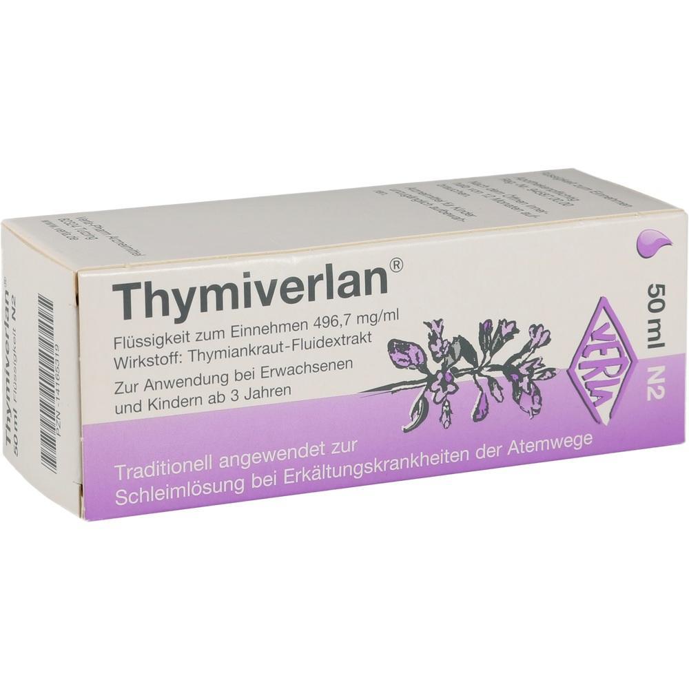 Thymiverlan Medizin für Atemwegserkrankungen in einer 50ml Flasche mit Thymianextrakt.