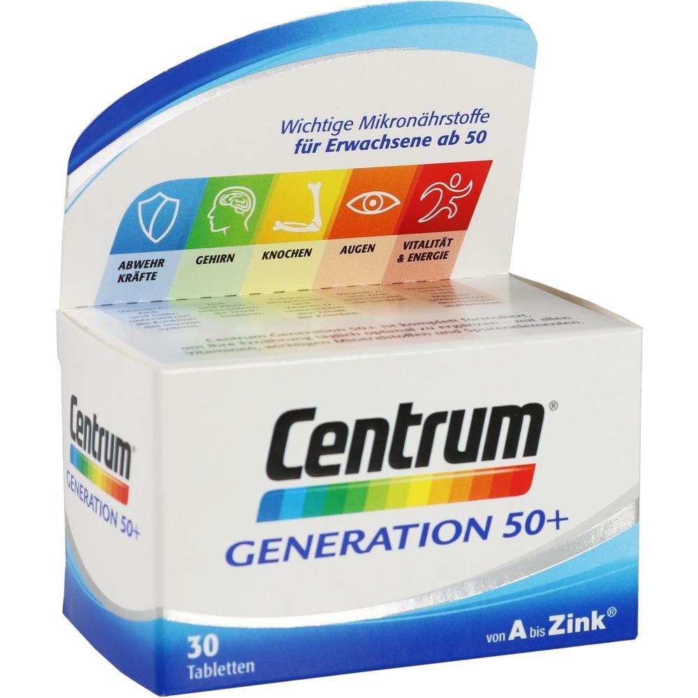 Verpackung von Centrum Generation 50+ mit 30 Tabletten für Erwachsene ab 50.