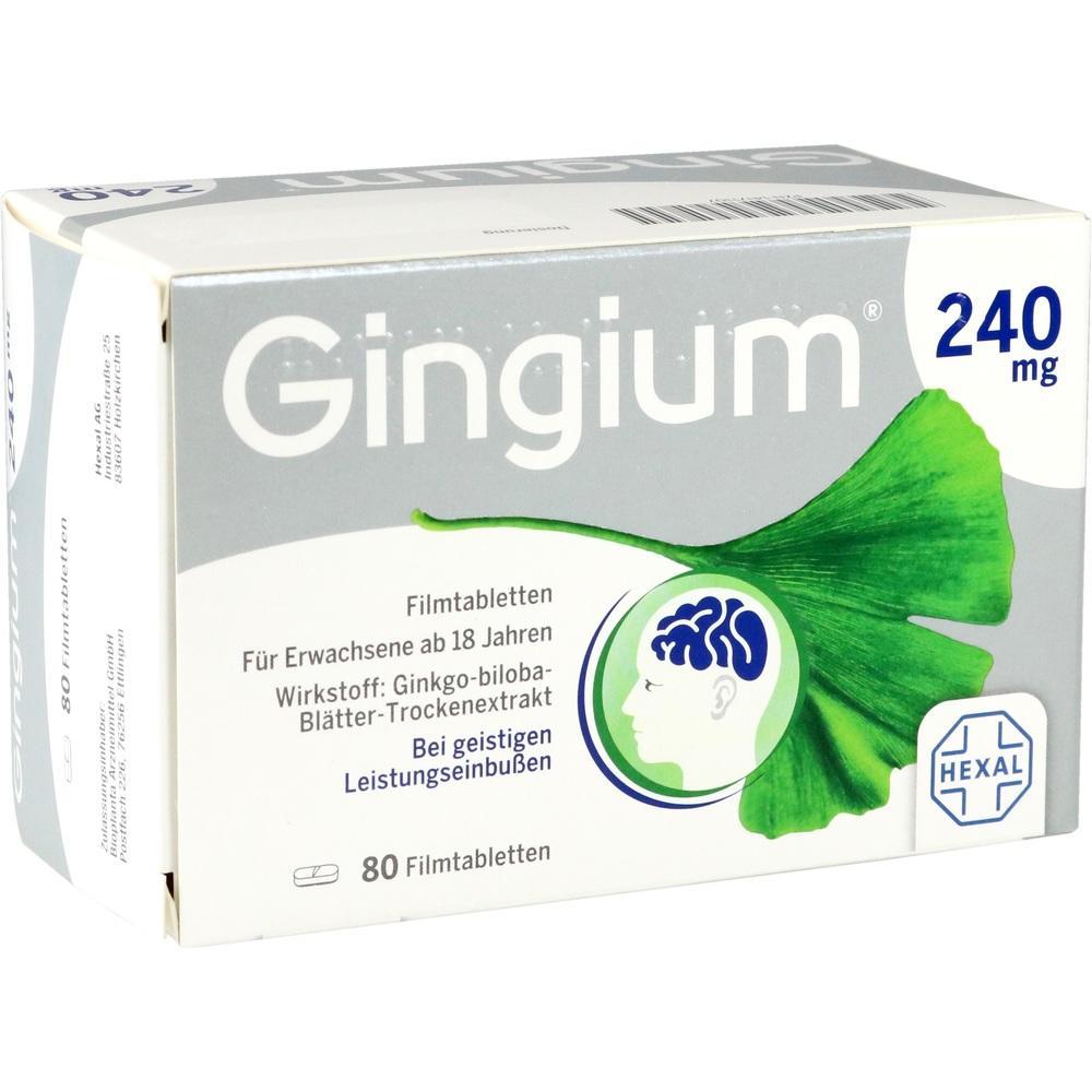 Packung von Gingium-Tabletten für geistige Leistungsfähigkeit mit Ginkgo-Extrakt.