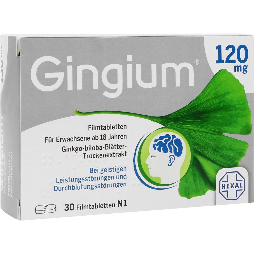 Packung Tabletten für Erwachsene mit Ginkgo-Extrakt zur Unterstützung der Gehirnleistung.