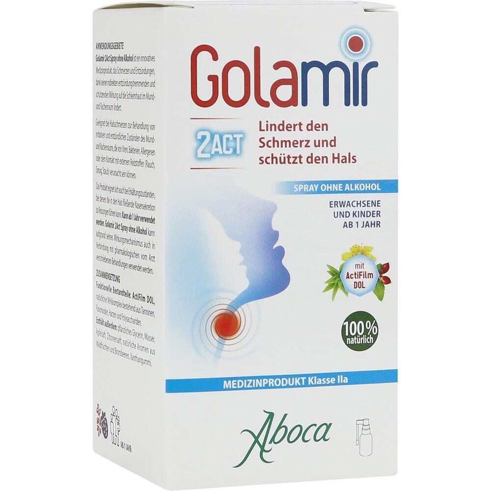Verpackung von Golamir-Halsspray zur Schmerzlinderung und Schutz des Halses.