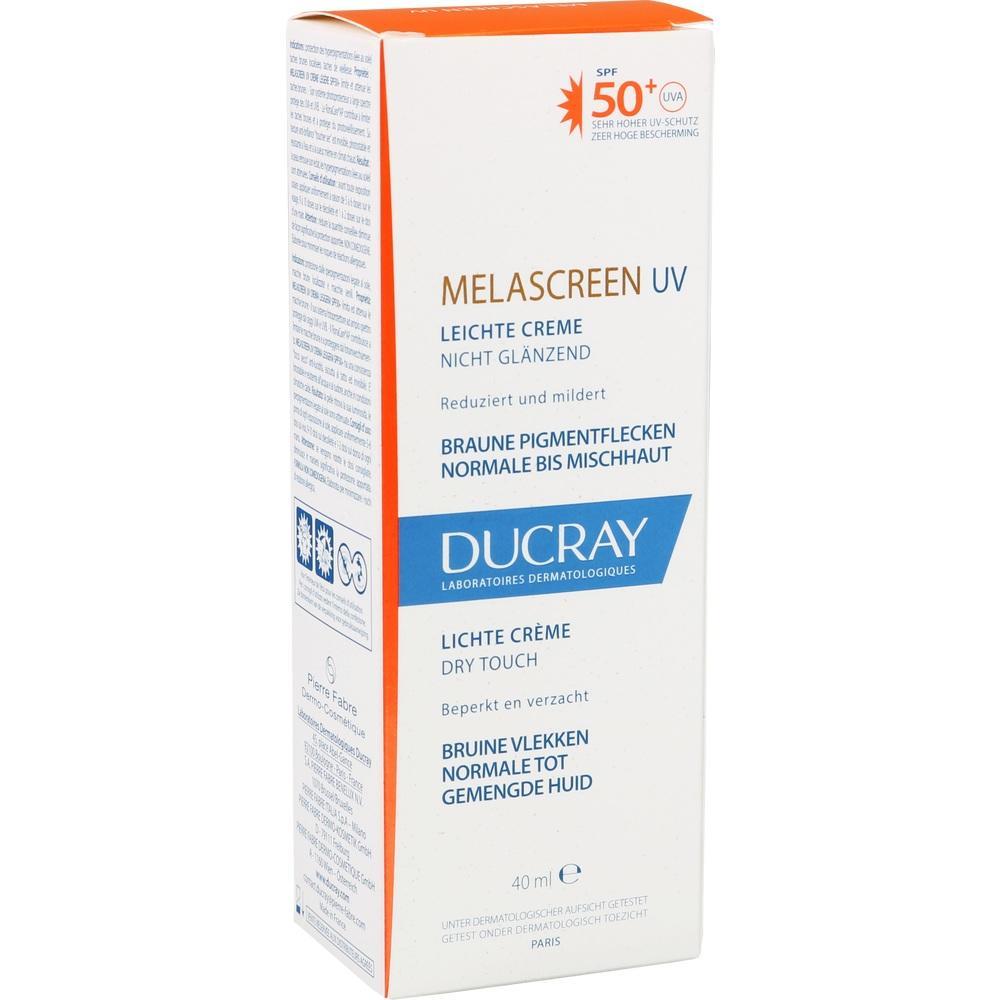 Wei&szlig;e und orange Verpackung von Ducray Melascreen UV Creme mit LSF 50+.