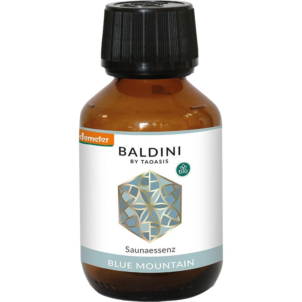 Braune Flasche mit dem Etikett "Baldini Saunaessenz Blue Mountain".