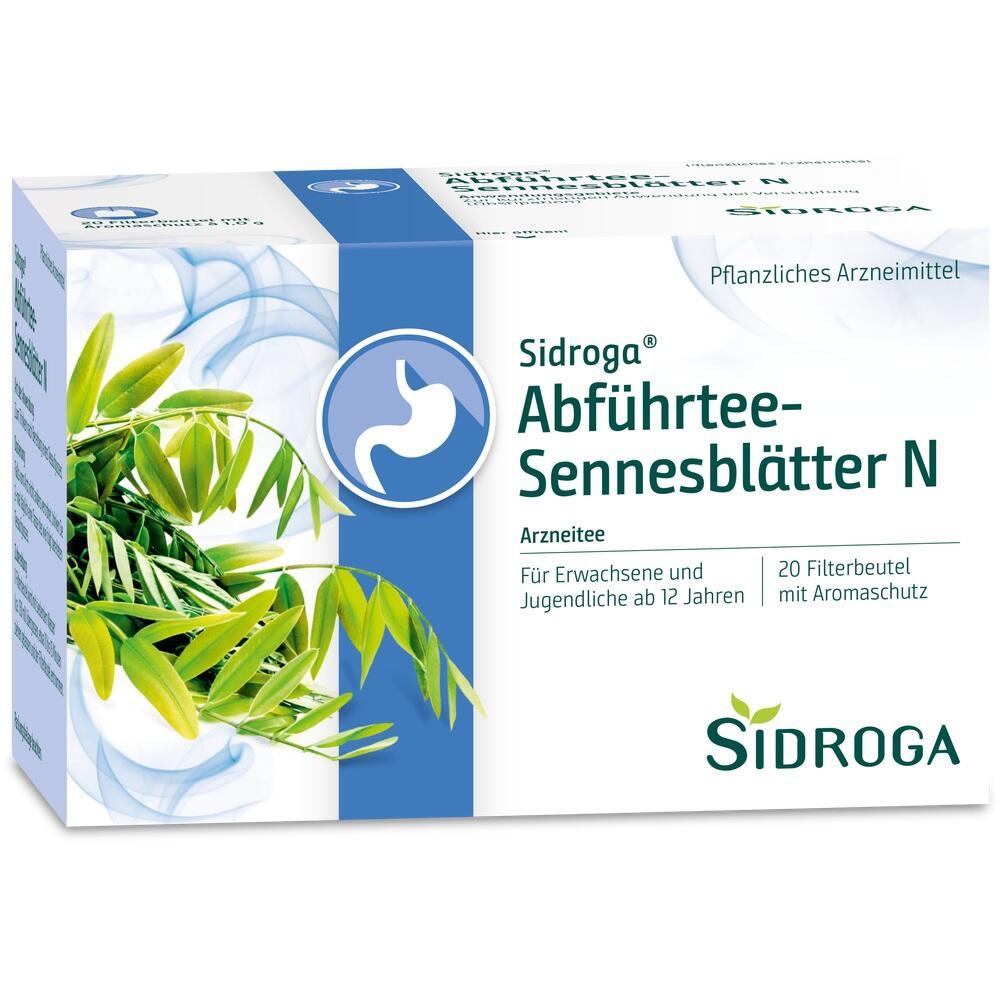 Verpackung von Sidroga Abführtee mit Sennesblättern für Erwachsene und Jugendliche.