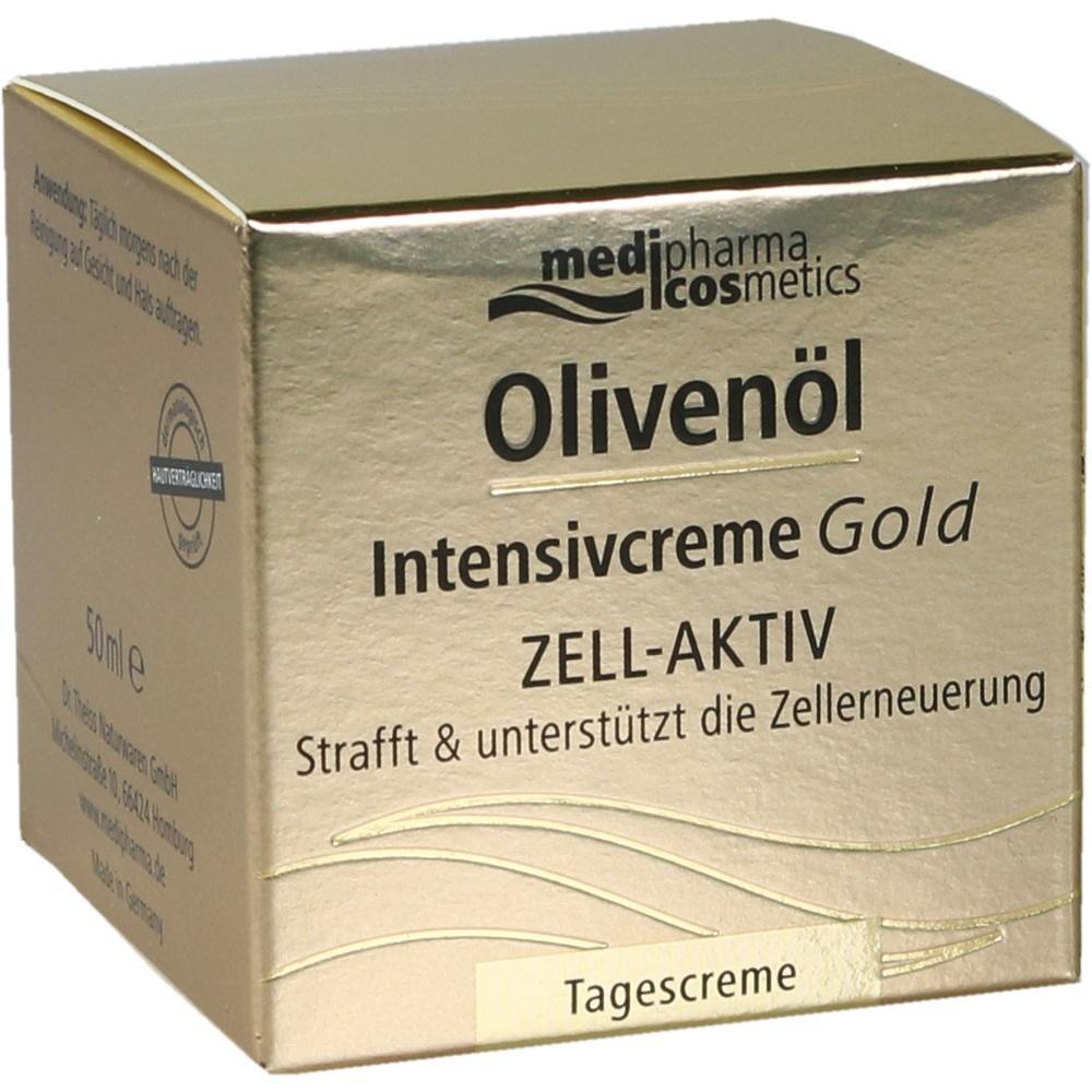 Goldene Creme-Verpackung mit Olivenöl und zellaktivierenden Eigenschaften.