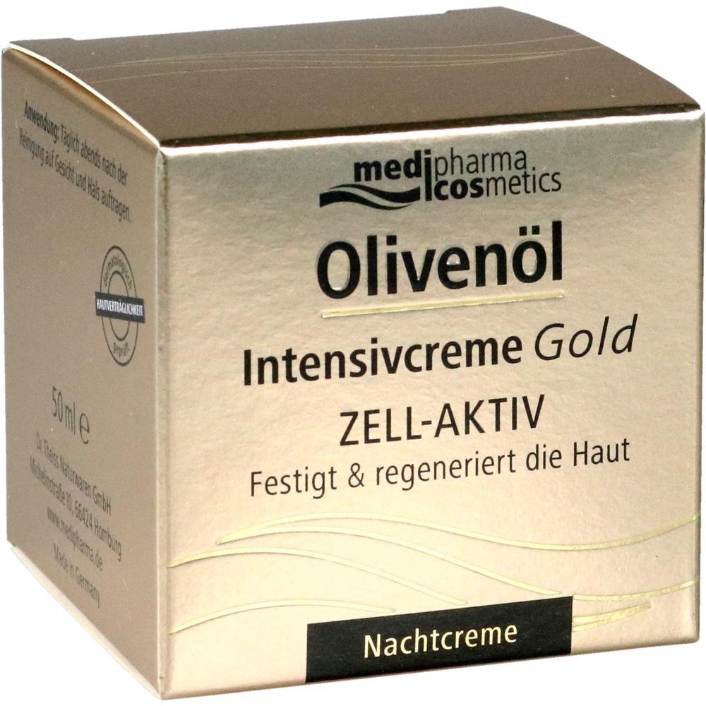 Goldene Verpackung einer Olivenöl-Intensivcreme für die Nachtpflege.