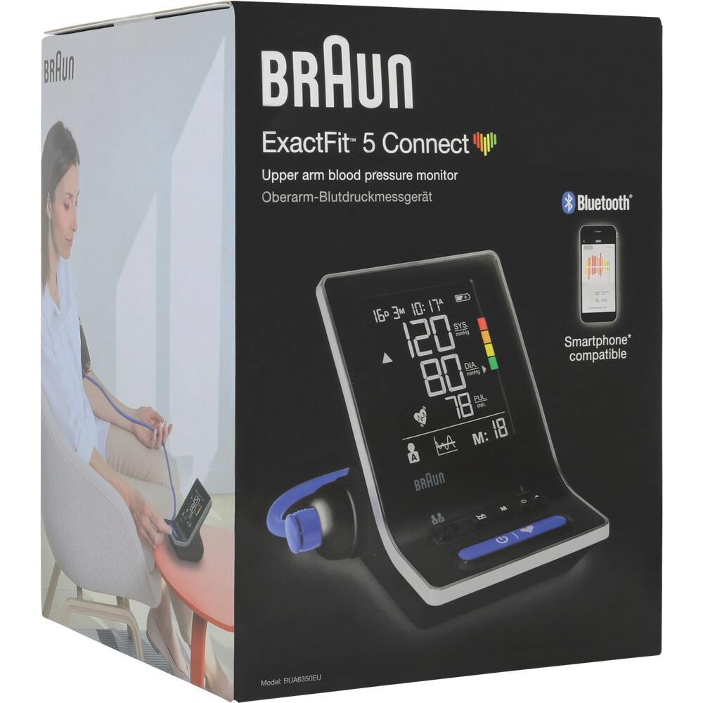 Verpackung eines Oberarm-Blutdruckmessger&auml;ts von Braun mit Bluetooth-Funktion.