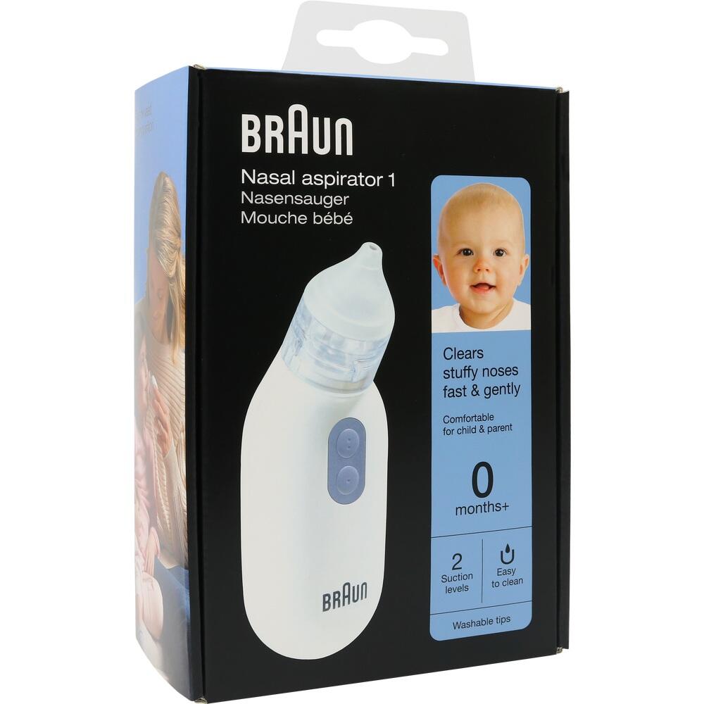 Ein Nasensauger von Braun f&uuml;r Babys wird auf einer Verpackung gezeigt.