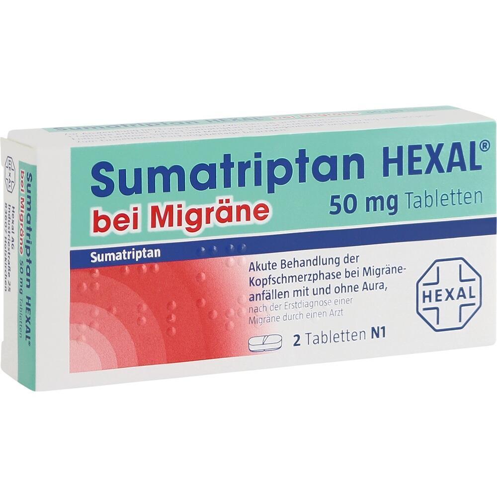 Verpackung von Migränemedikament "Sumatriptan Hexal" mit 50 mg Tabletten.