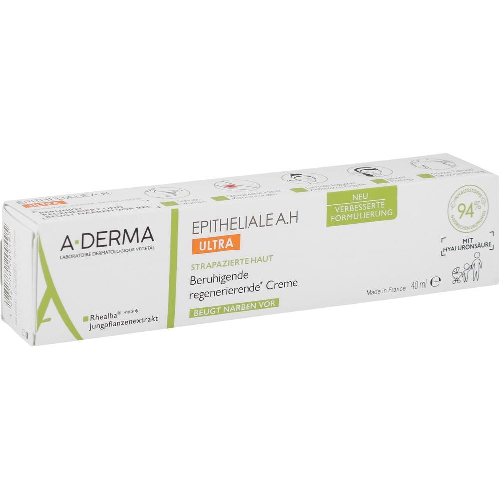 Eine wei&szlig;e Creme-Verpackung mit dem Aufdruck "A-Derma Epith&eacute;liale A.H Ultra".