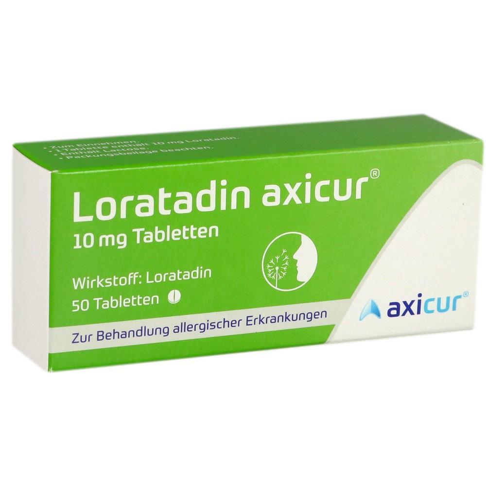 Grüne Packung Loratadin Tabletten gegen Allergien, 50 Stück, 10 mg.