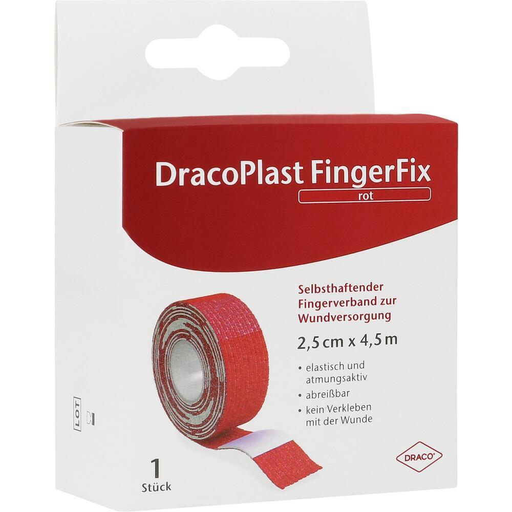 Eine Packung mit selbsthaftendem, rotem Fingerverband für Wundversorgung.