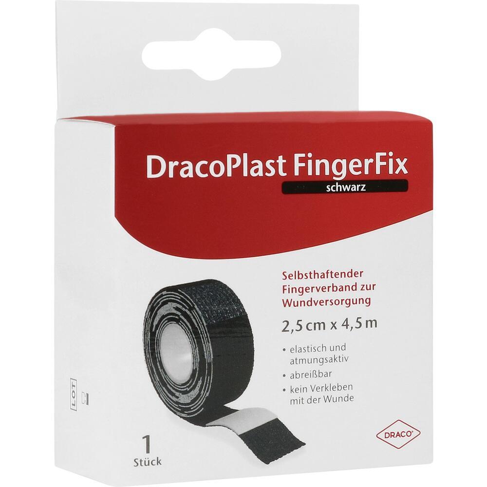 Eine rote und weiße Verpackung mit schwarzem Fingerverband ist abgebildet.