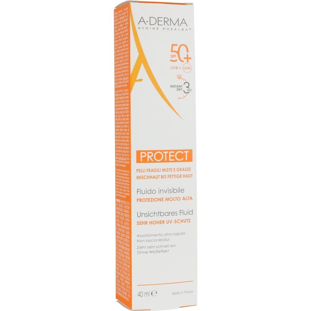 Wei&szlig;e Verpackung von A-Derma Sonnenschutz mit orangener Schrift und SPF 50+.