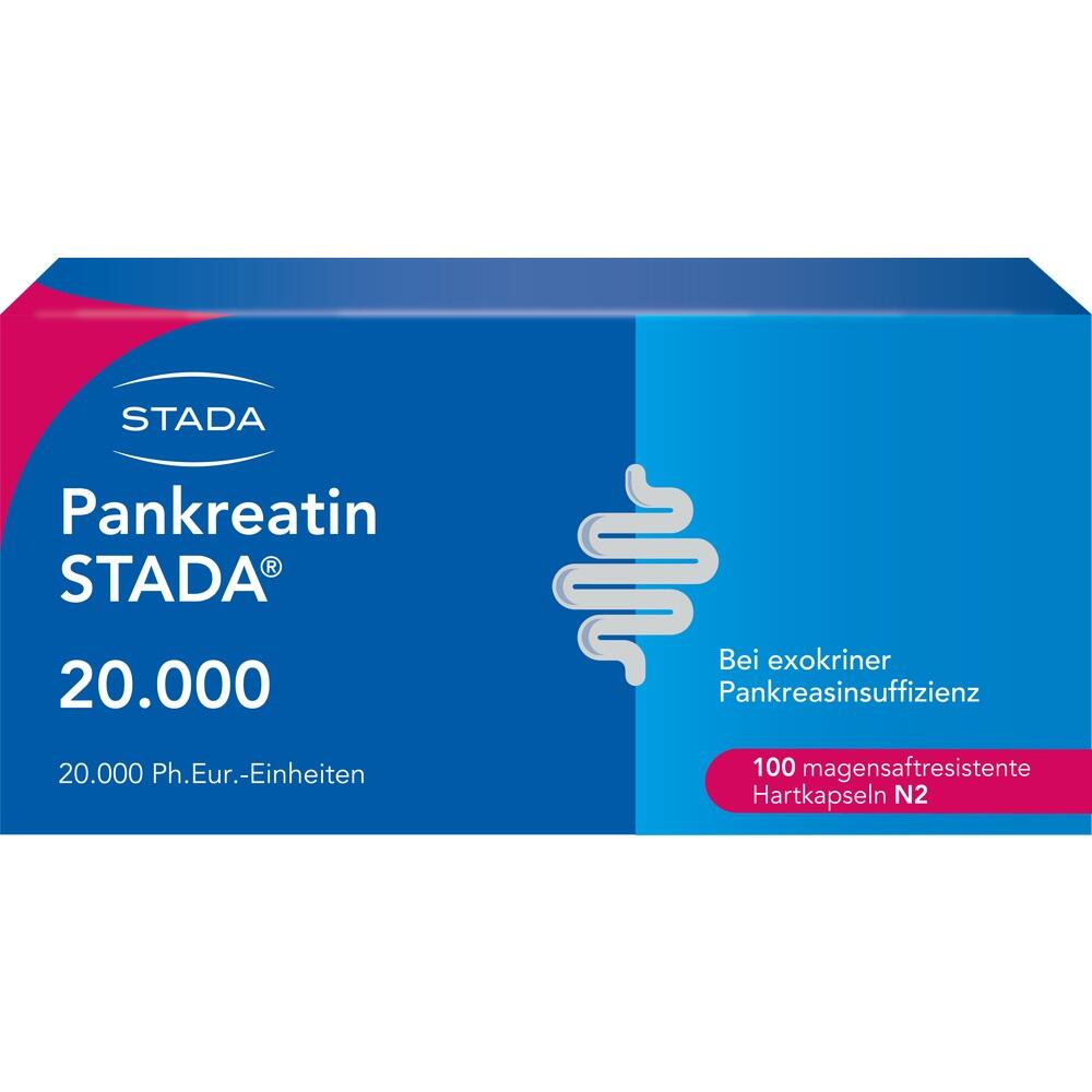 Blaue Packung von "Pankreatin STADA 20.000" Kapseln gegen Pankreasinsuffizienz.