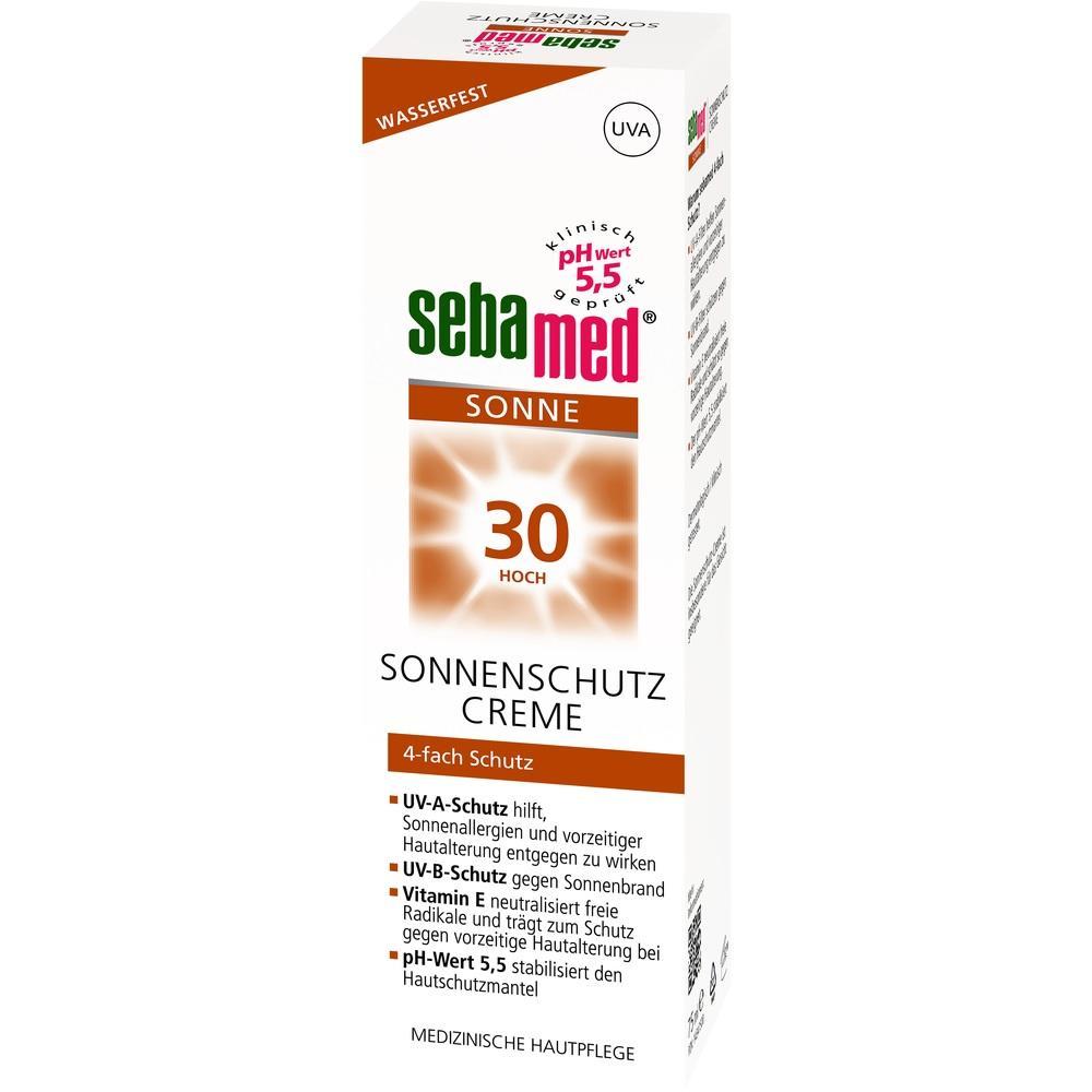 Weiße Verpackung einer Sonnencreme mit Lichtschutzfaktor 30.