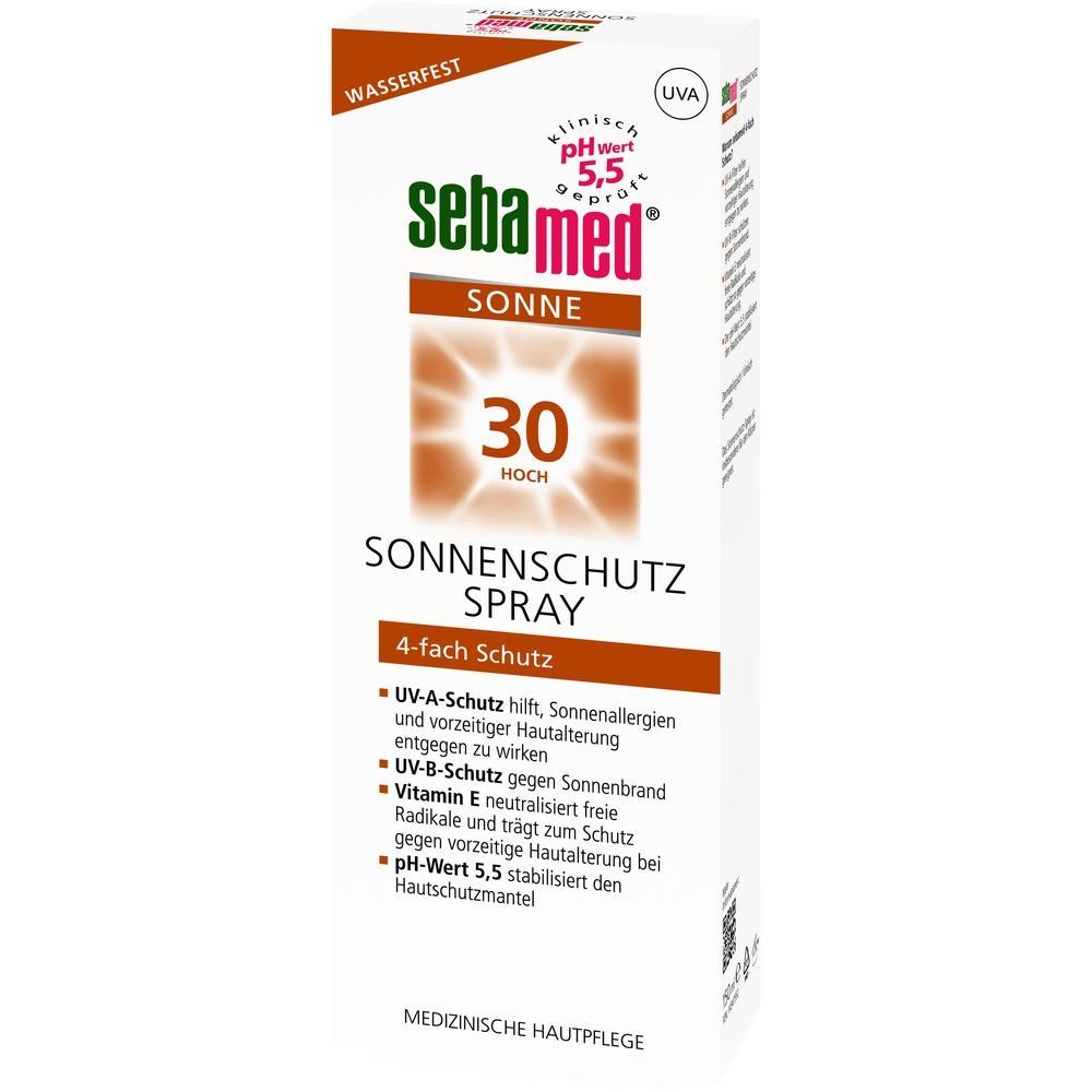 Eine weiße Packung mit Sebamed Sonnenschutzspray und Lichtschutzfaktor 30.