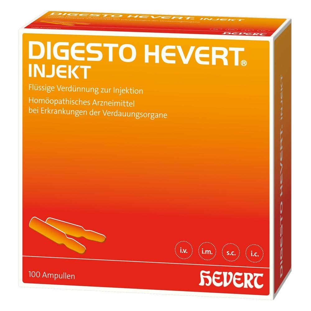 Orange Packung von Digesto Hevert Injekt mit 100 Ampullen f&uuml;r Verdauung.