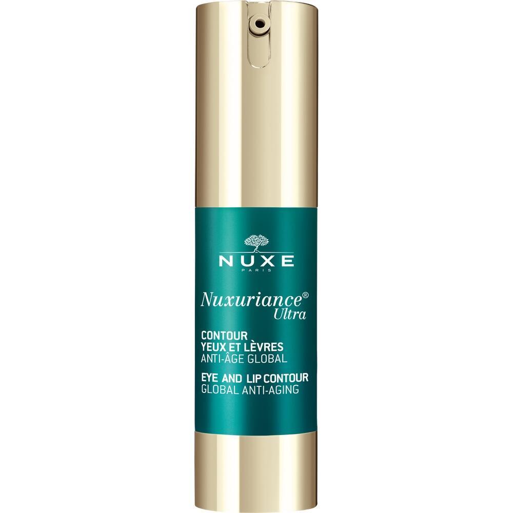 Goldene Flasche mit grünem Etikett von Nuxuriance Ultra, einem Anti-Aging-Produkt.